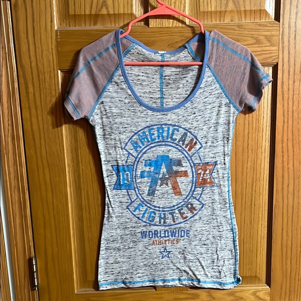 American Fighter Women's Gray and Blue Top